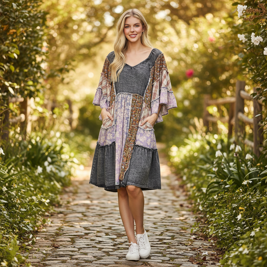 Women's black patchwork tiered mineral wash tunic top styled with denim for a casual boho weekend outfit - BellanBlue
