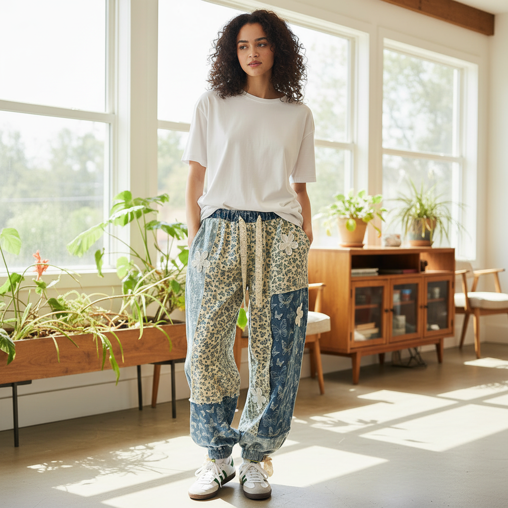 POL Patchwork Butterfly Print Joggers in Blue Butterfly Multi - lifestyle image