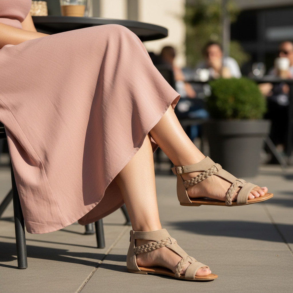 Women's taupe suede flat sandals café outdoor seating dusty rose midi skirt braided strap