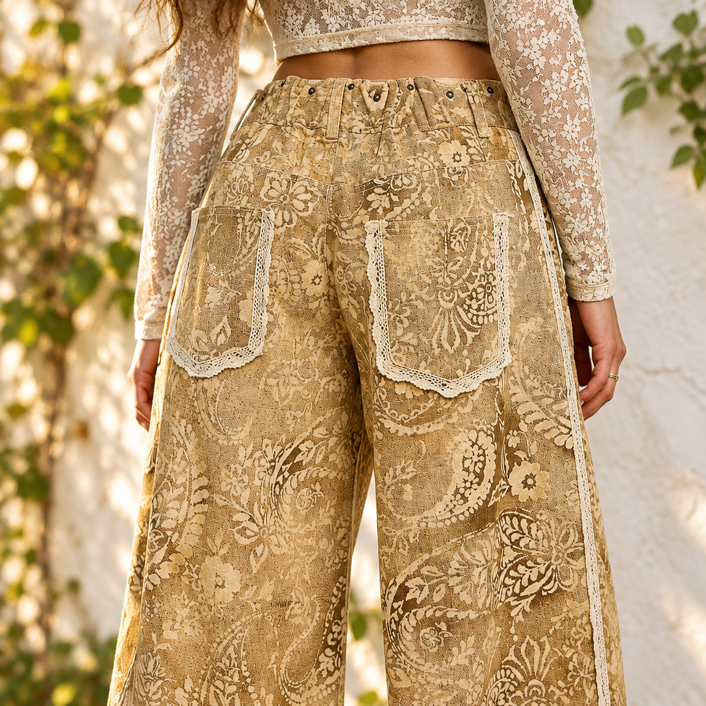 POL Clothing sand paisley wide-leg pants back view with cream lace-trimmed pockets