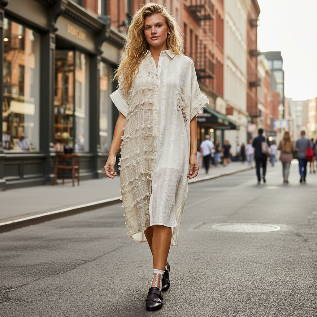 Women's natural cream POL oversized button-up shirt dress cowrie shell bead fringe trim walking city street boho outfit - BellanBlue
