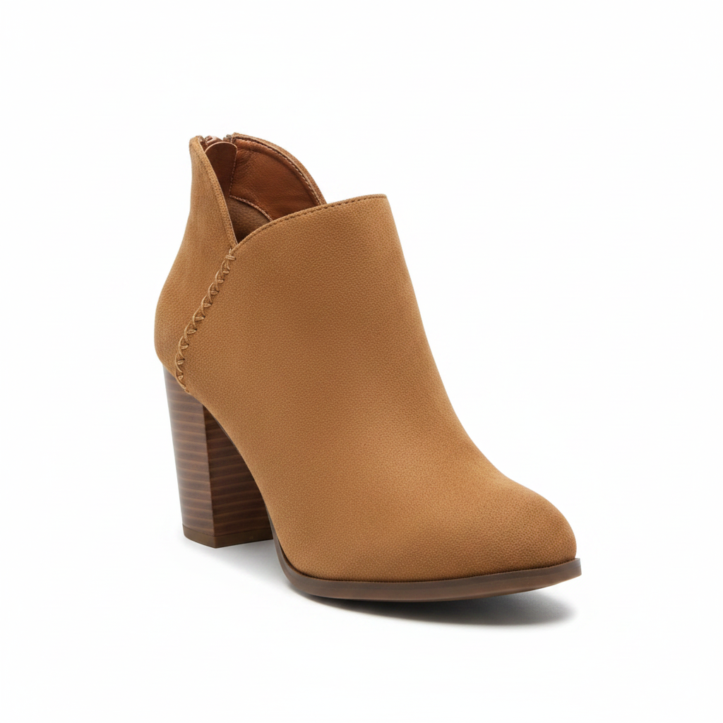Women's tan camel suede ankle bootie 3/4 front angle V-notch topline stacked block heel round toe