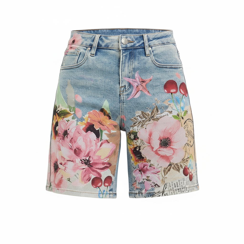Women's light blue denim Bermuda shorts front view vintage botanical peony cherry print