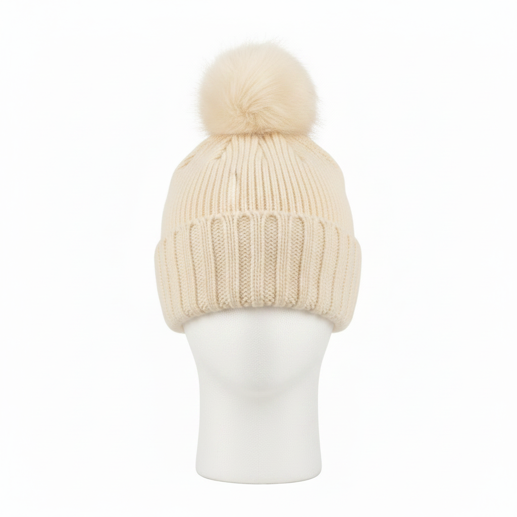 Women's ivory chunky knit pom pom beanie with faux fur pom, ribbed cuff, relaxed fit