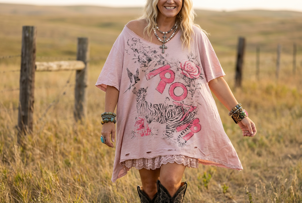 Flowy oversized blush pink tiger print tee moving in a golden field, showing its relaxed drape and distressed hem