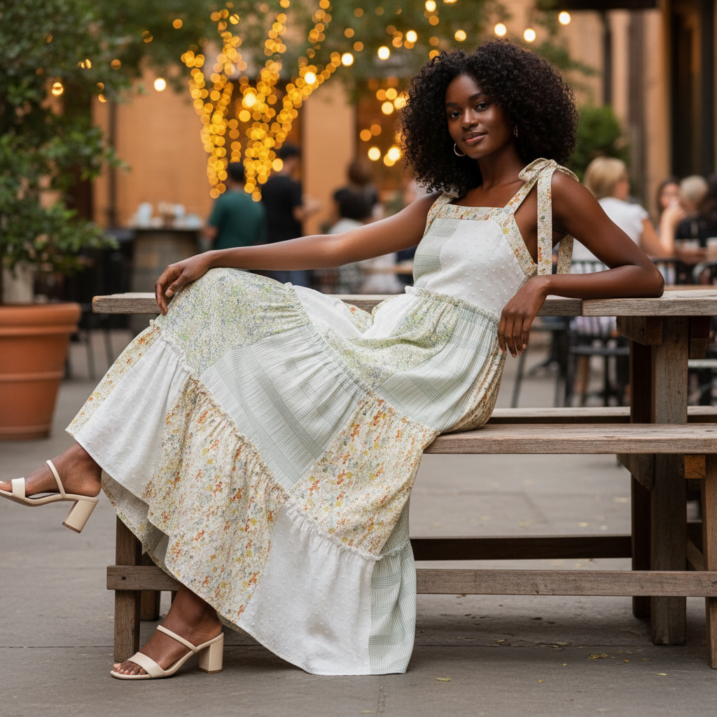 Women's patchwork tiered maxi dress with floral tie straps, full skirt drape, seated editorial view