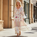 POL women's ivory multi embroidered maxi dress with fuchsia tassel and bell sleeves, boutique street style