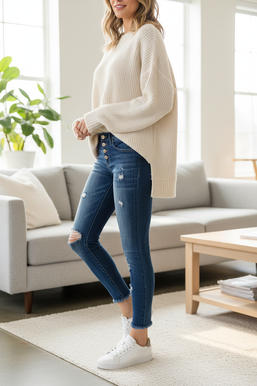 Relaxed weekend style mid-rise jeans with oversized sweater and sneakers