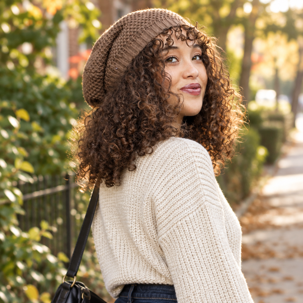 Leto Collection women's mocha waffle-knit slouch beanie on an autumn neighborhood stroll