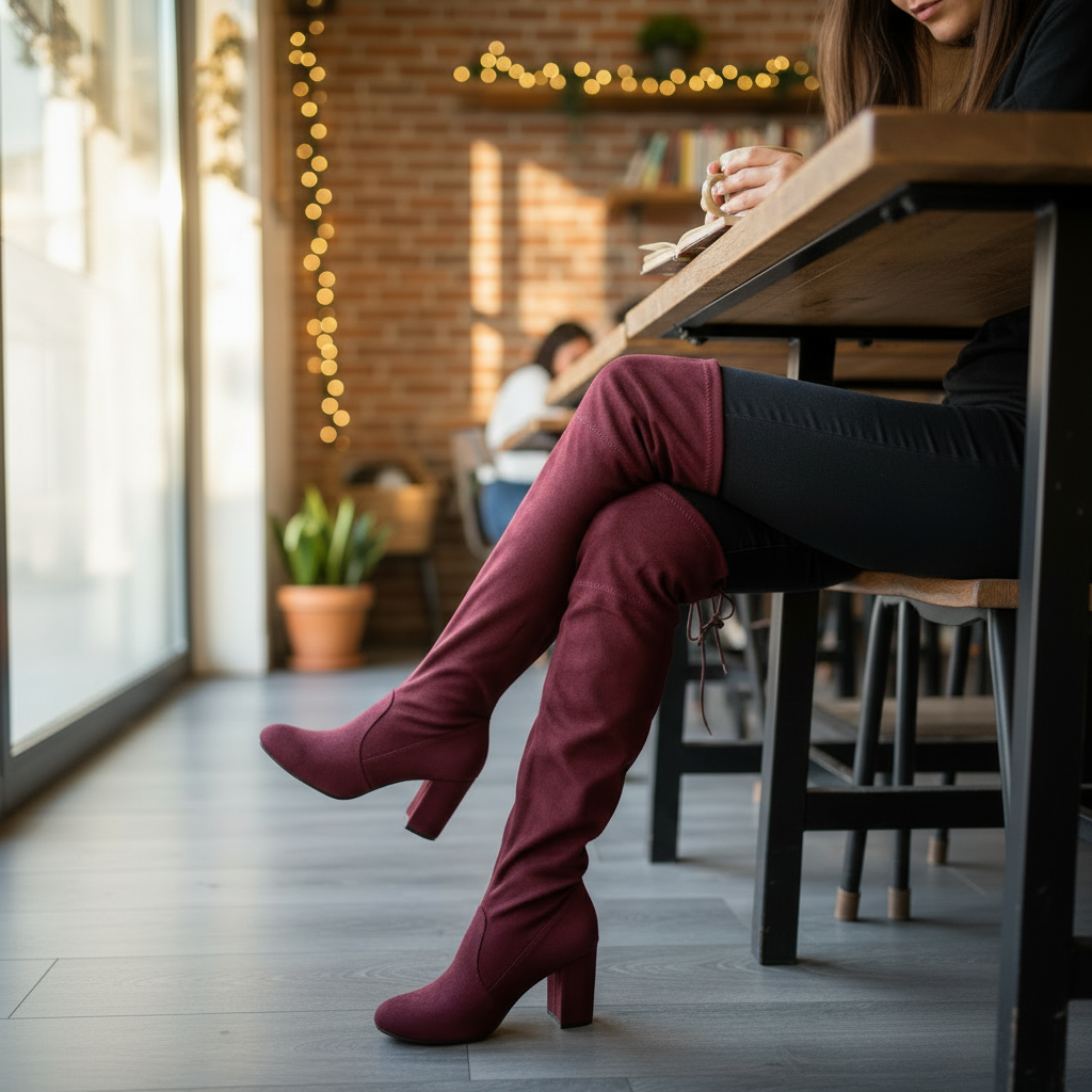 Person wearing maroon knee-high boots sitting at a table in a cozy cafe.