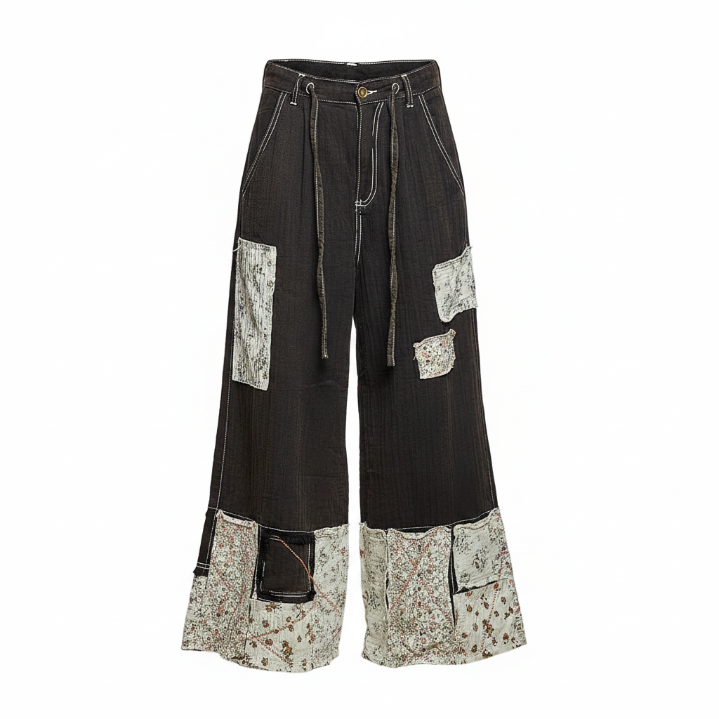 Women's black denim wide-leg pants front, ghost mannequin, tapestry patchwork, cargo pockets, drawstring waist