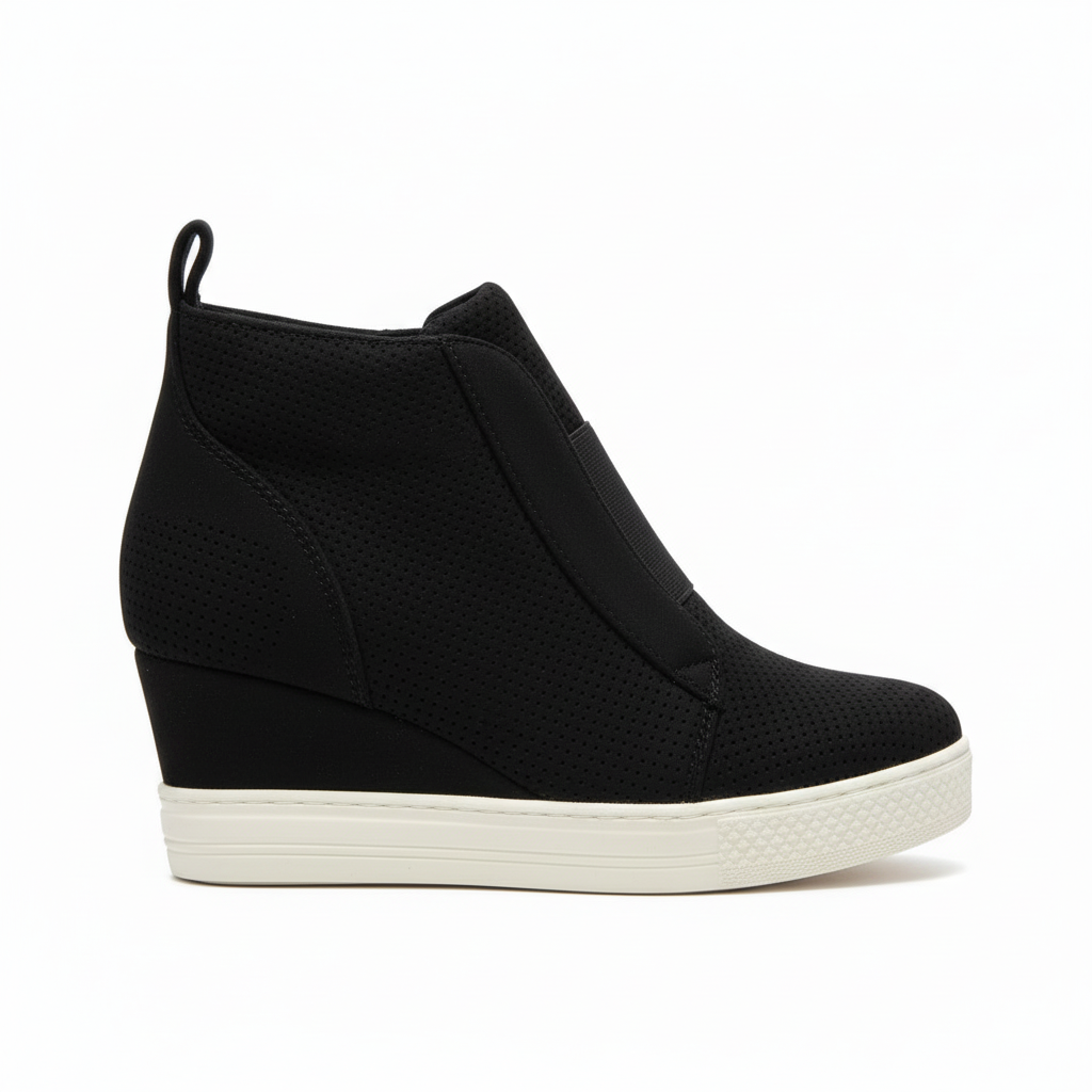 Women's black slip-on wedge sneaker - side profile view