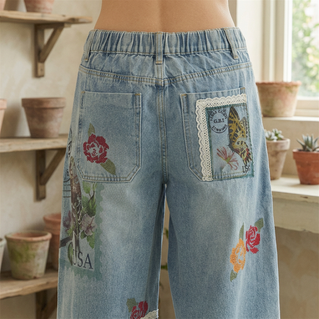 Back close-up of blue jeans showing an elastic waistband, patch pockets, floral details and a postage panel
