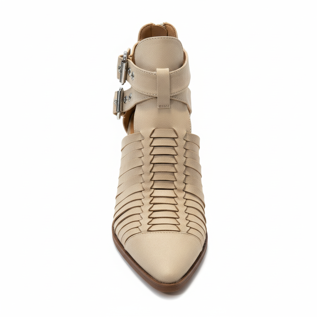 Beige woven strappy ankle booties with double buckle closure and pointed toe - front view