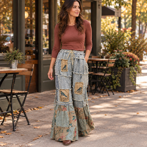 A Rare Bird Shop women's blue patchwork pants with floral flared hems outside a cafe