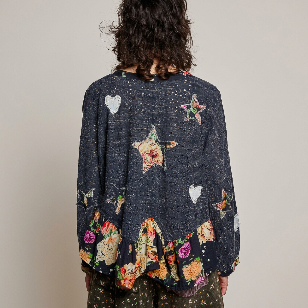 Back of black eyelet cardigan with white hearts, floral star patches and a gathered floral hem.