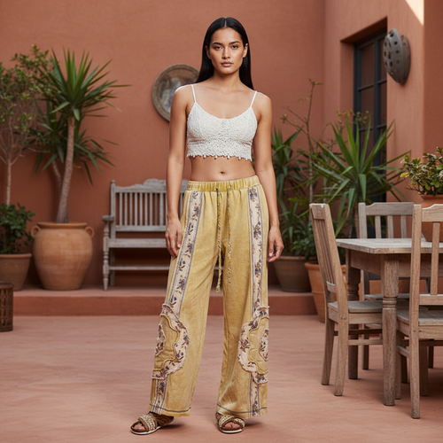 POL Clothing women's lemon mineral wash floral patchwork wide-leg pants, boutique street style - BellanBlue