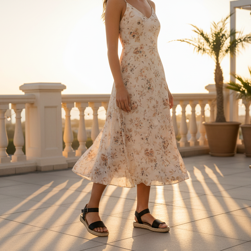 City Classified black espadrille platform sandals on model on rooftop terrace at sunset in flowy midi dress