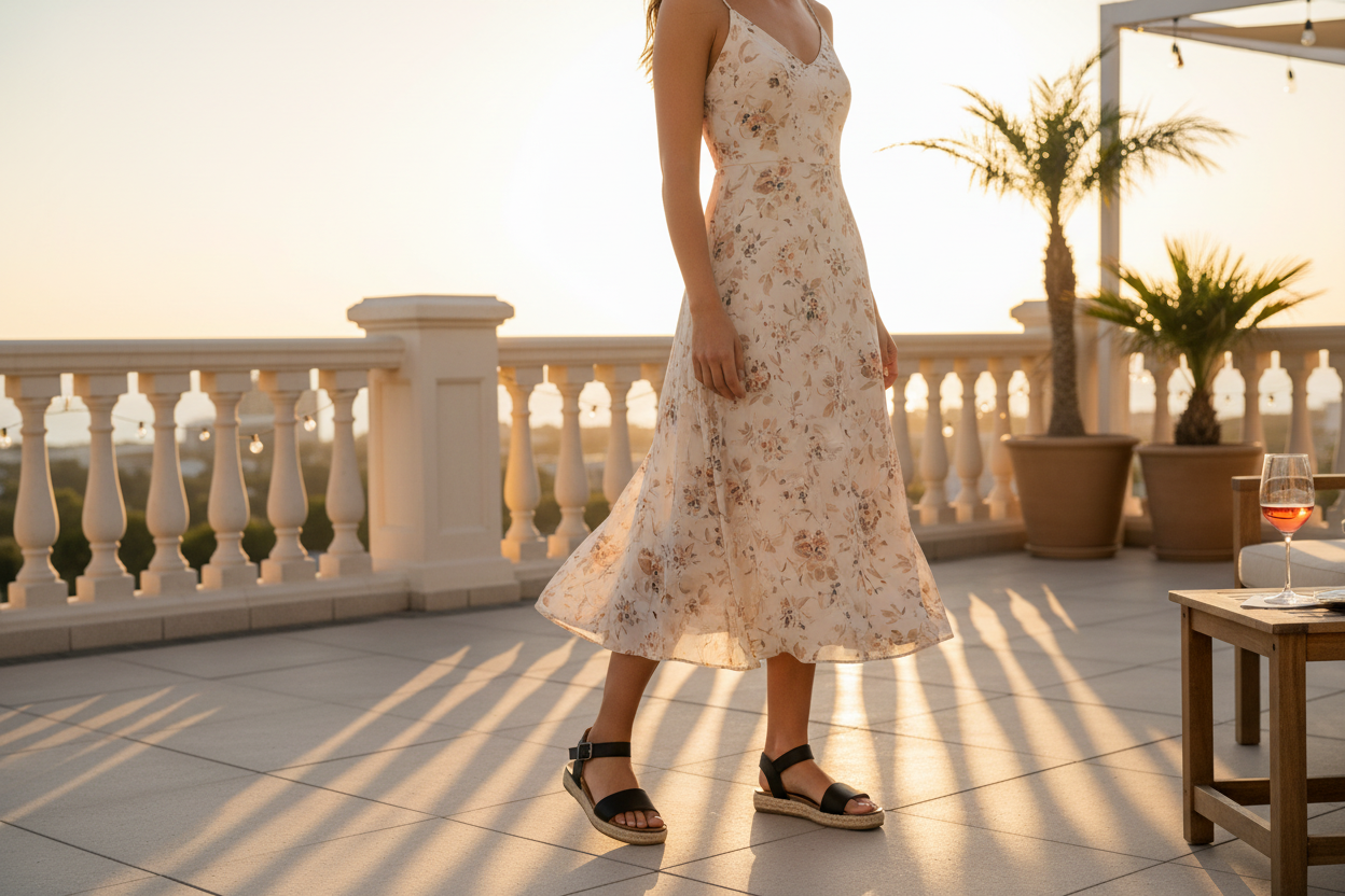 City Classified black espadrille platform sandals on model on rooftop terrace at sunset in flowy midi dress