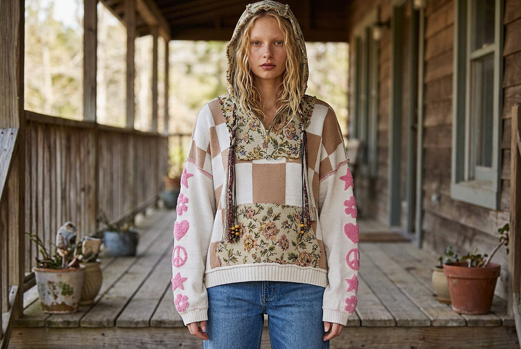 POL Clothing women's cream and tan checkerboard hoodie with pink sleeve appliqués on a wooden porch