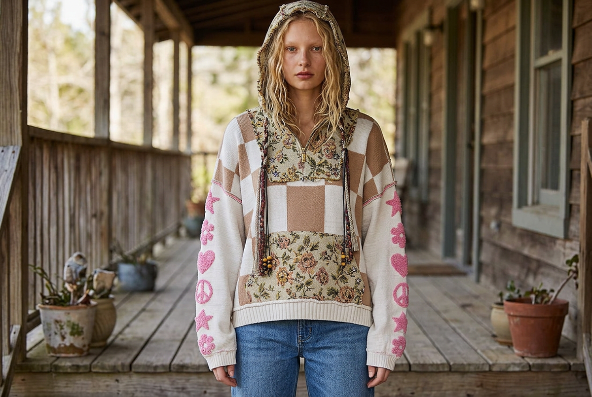 POL Clothing women's cream and tan checkerboard hoodie with pink sleeve appliqués on a wooden porch