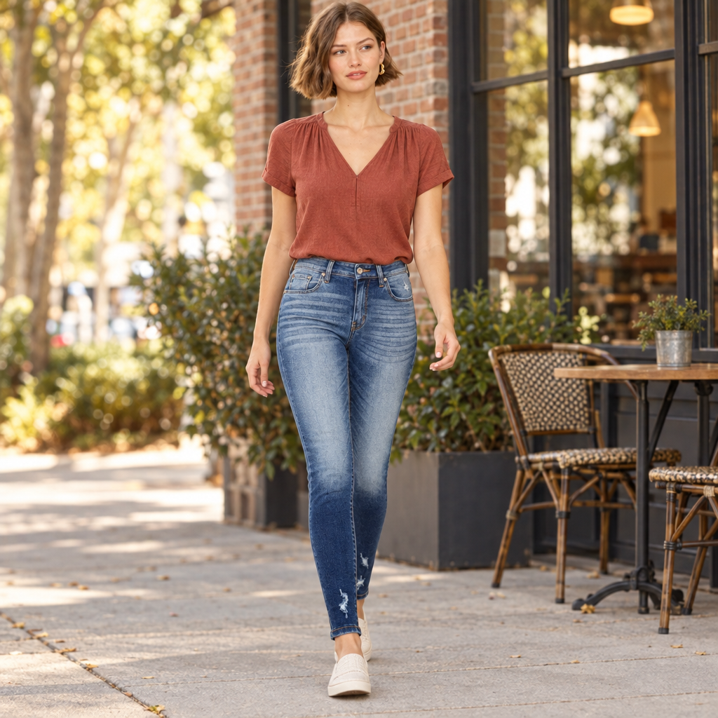 KanCan women's dark wash super skinny jeans with whiskering, styled with a rust blouse outside a cafe