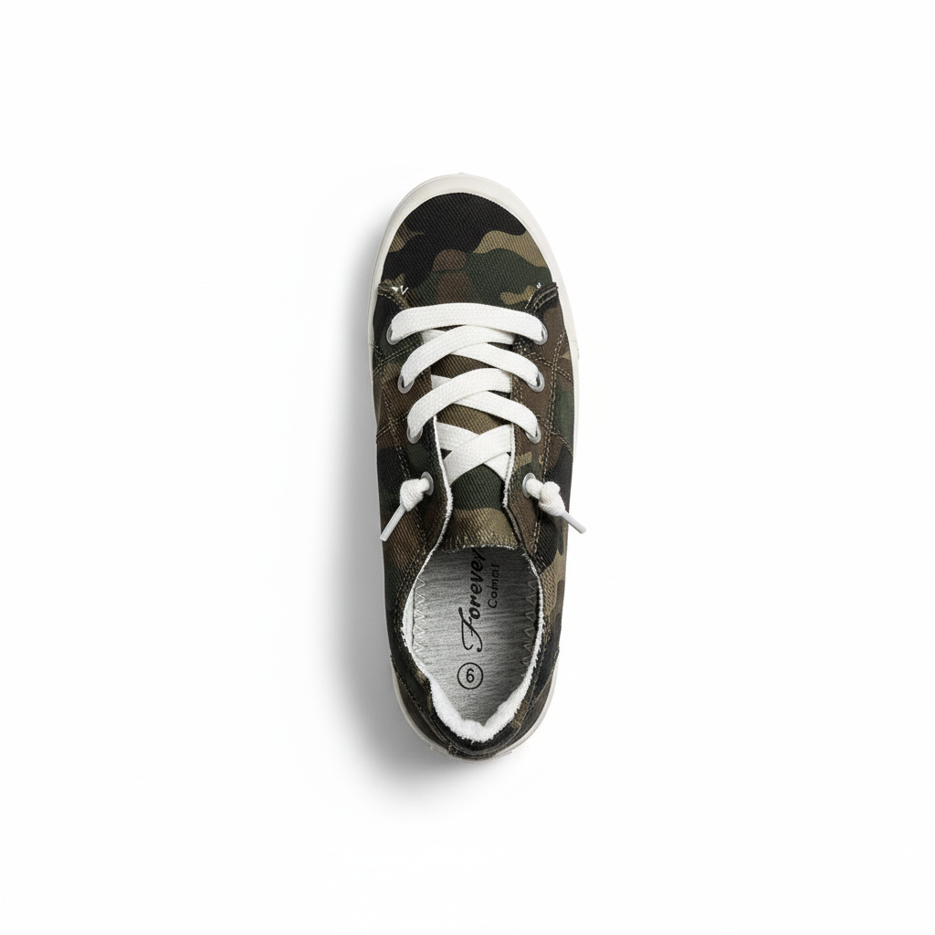 Women's camouflage canvas sneakers top view - showing lace-up design and cushioned insole