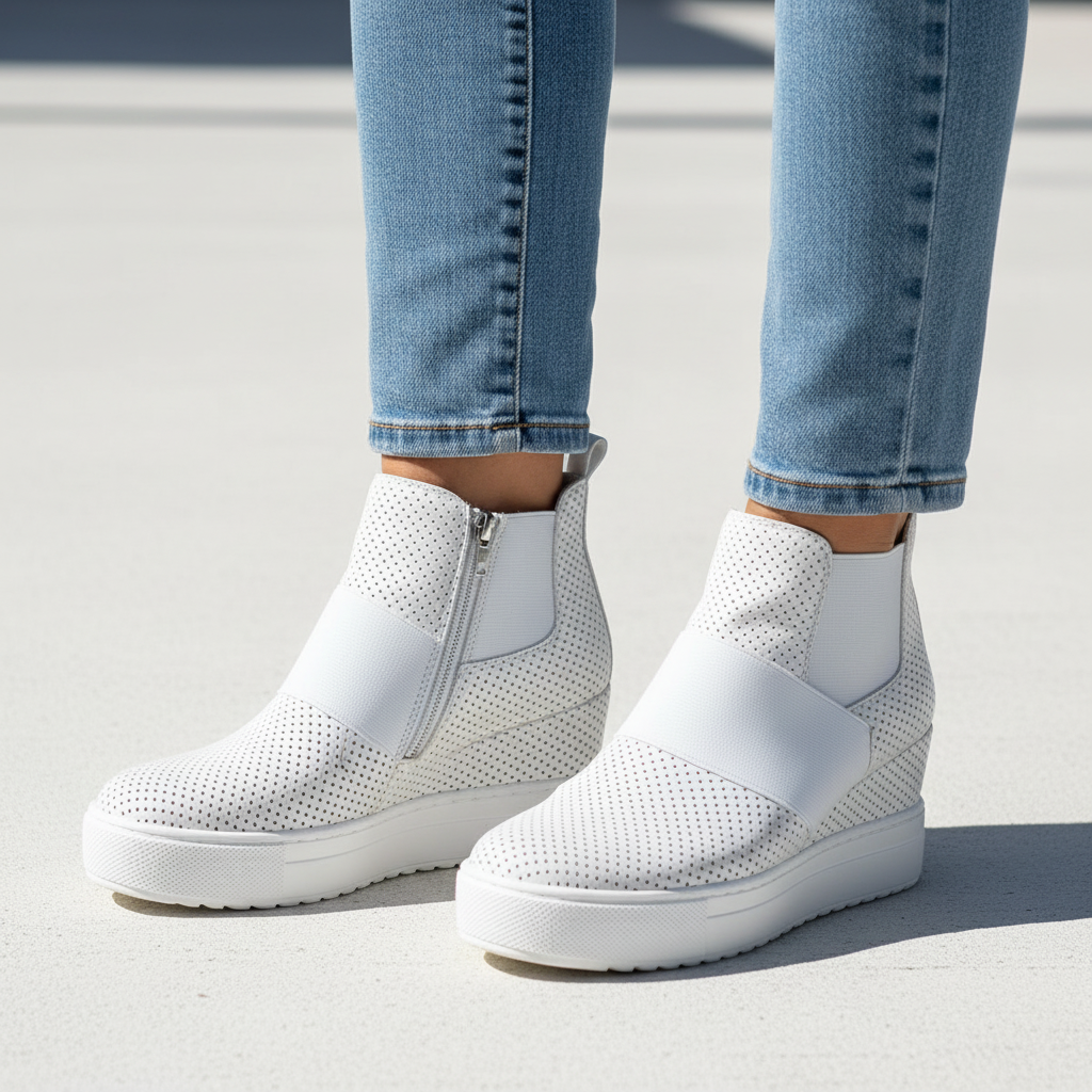 Woman wearing white perforated wedge sneaker booties with silver zip and white platform sole, light wash jeans, bright concrete