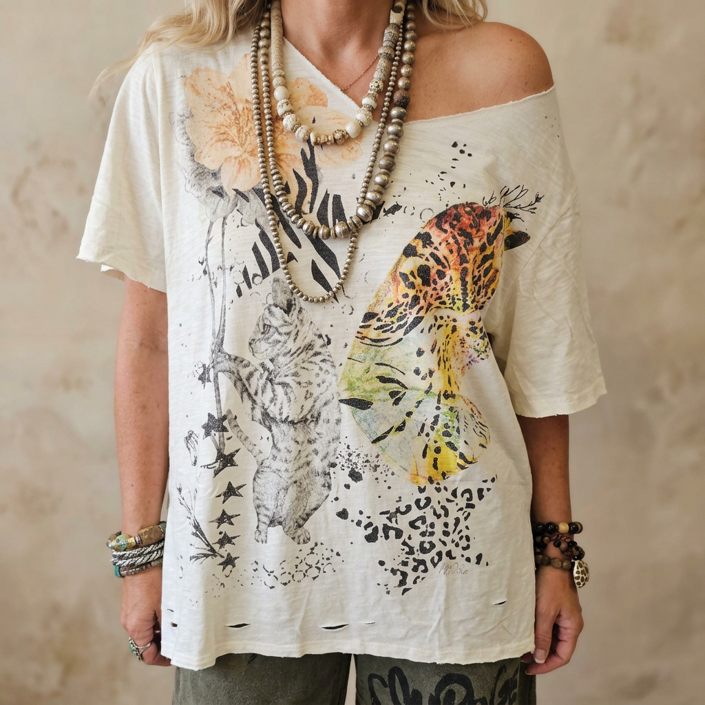 Close-up of an ivory tee's front graphic with a sketched cat, leopard butterfly wing, stars and paint splatter