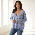 Women's blue leopard print distressed knit sweater, standing, frayed V-neckline, oversized fit - BellanBlue