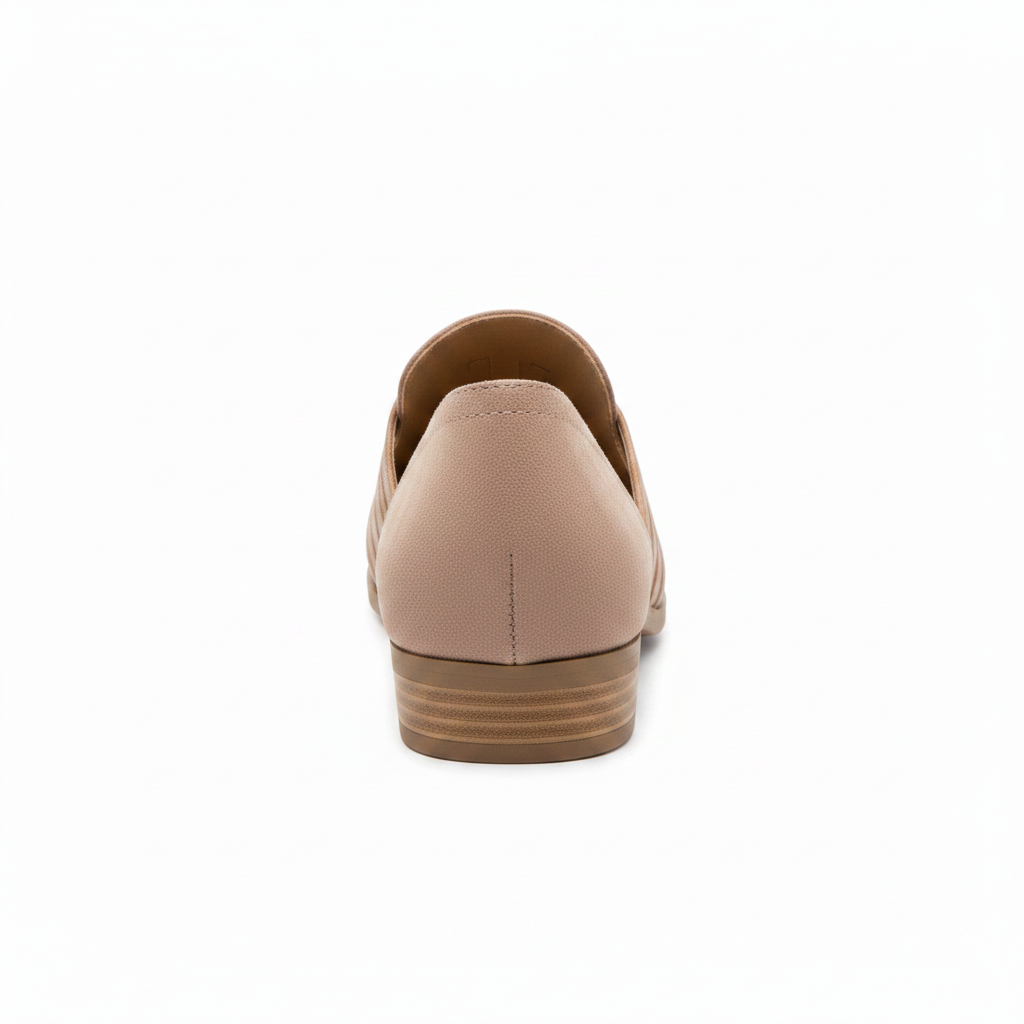 Stone cage strap d'Orsay flat straight rear view, stacked block heel and open d'Orsay sides on white background