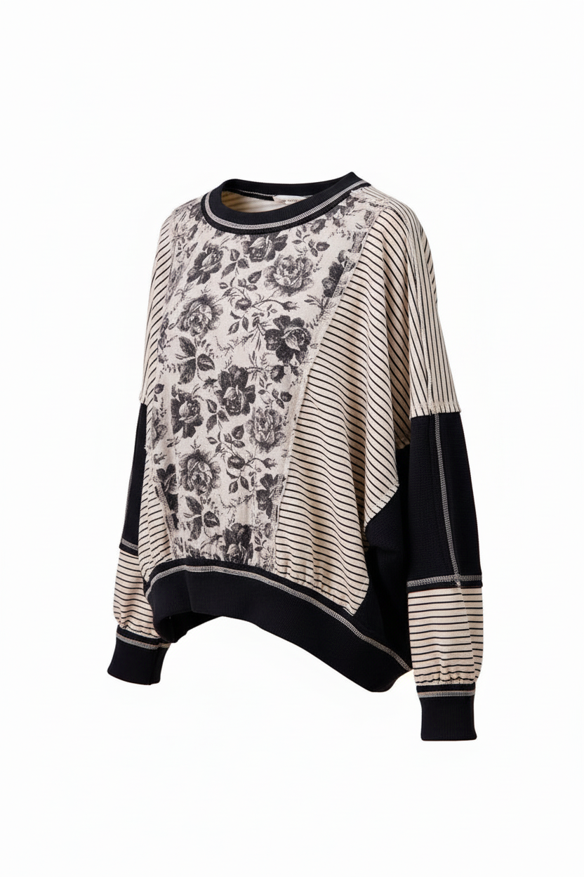 Colorblock Stripe Mix Top Grey/Black - Three-quarter angle view with interior shoulder detail visible