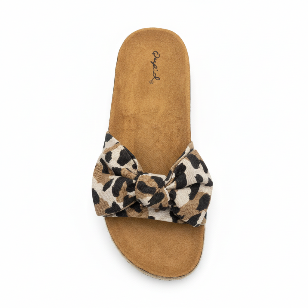 Women's toffee leopard bow slide sandal, top-down view showing knotted canvas strap and tan cushioned footbed, white background