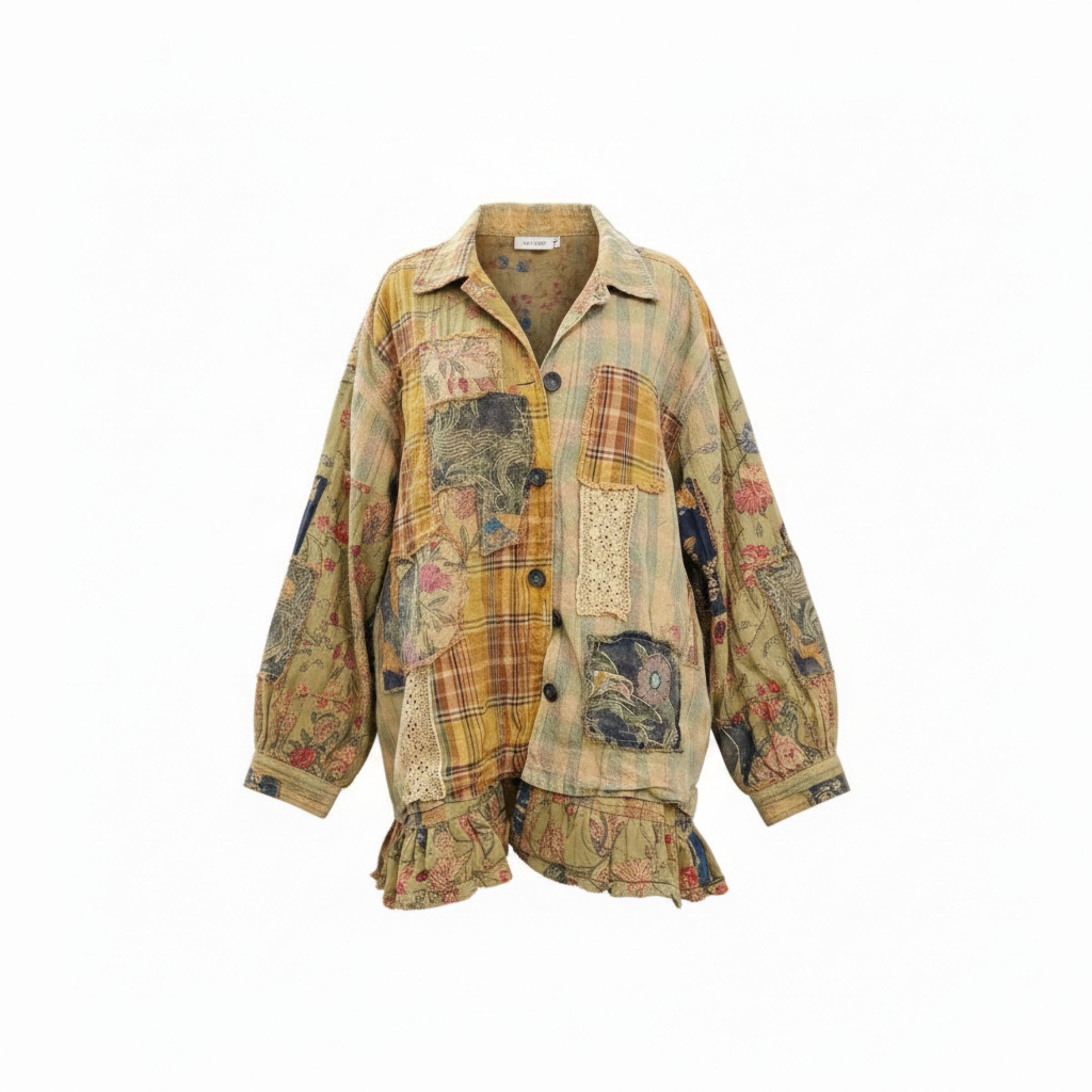 Women's golden olive patchwork boho jacket front view, floral tapestry panels, ruffle hem, oversized fit - BellanBlue