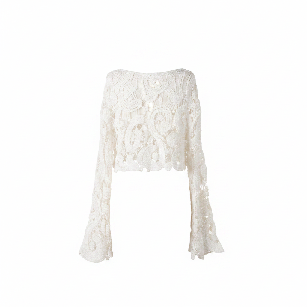 Women's white crochet crop top back view scoop back neckline swirl motifs bell sleeve drape