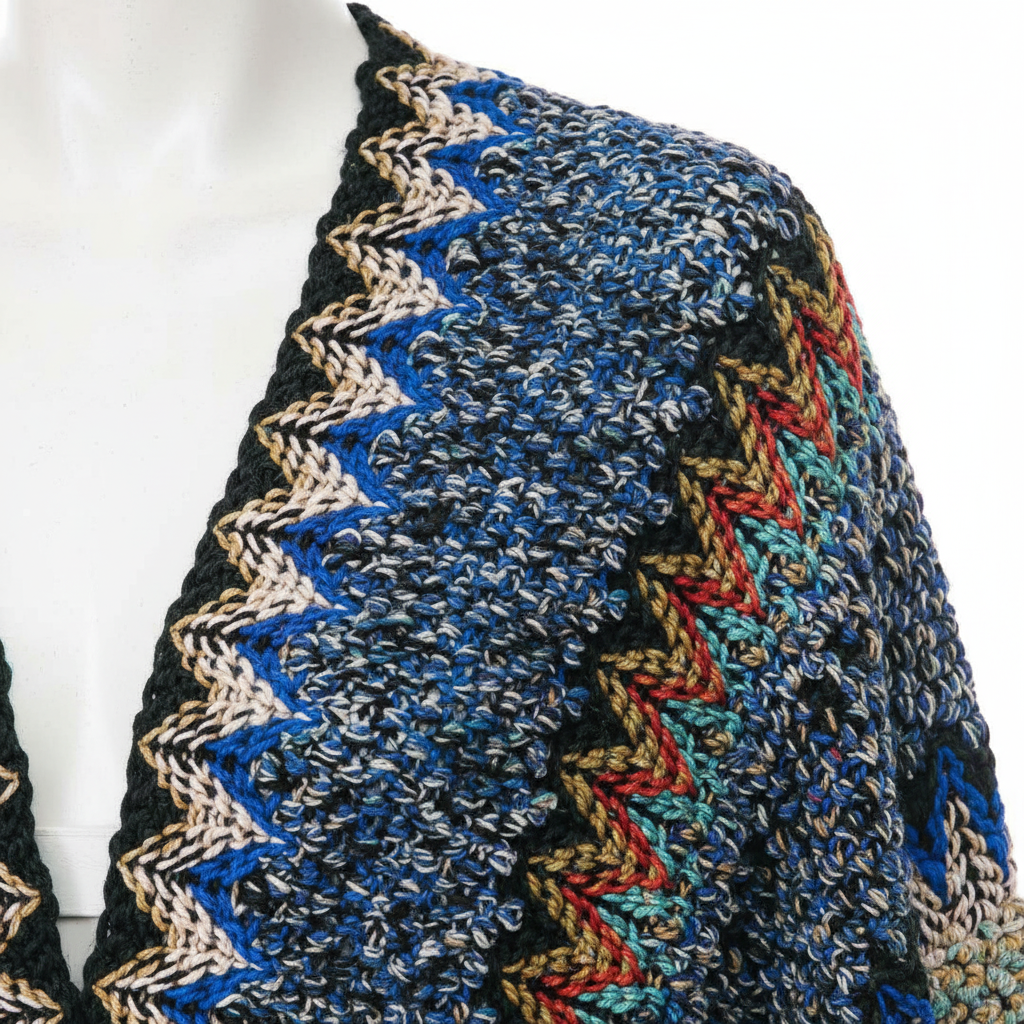 Women's cobalt blue chevron knit kimono close-up detail chunky open-weave texture tassel edge trim