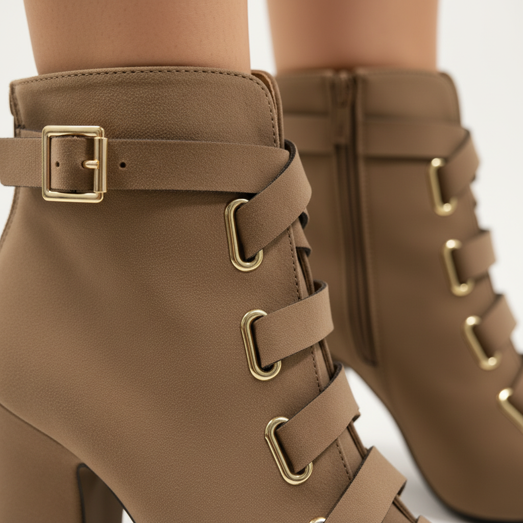 Close-up detail of gold D-ring lace-up hardware and buckle strap on taupe Qupid LITE-04 ankle bootie