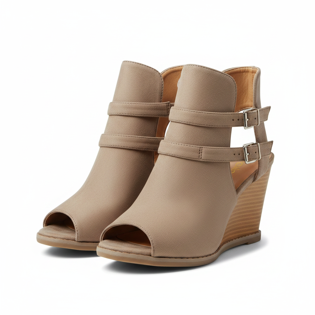 Qupid Finley taupe peep-toe wedge booties, both shoes front three-quarter hero view, white background