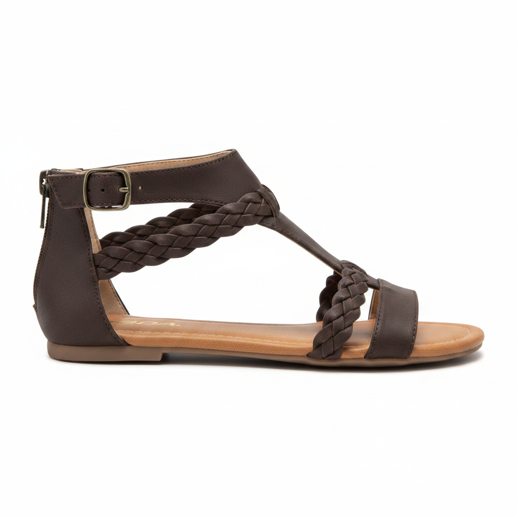 Women's dark brown flat sandal side profile braided strap back zip closure flat sole