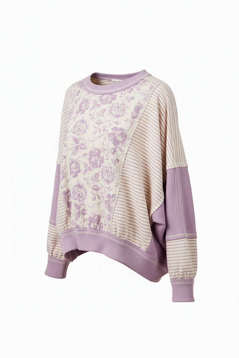 Colorblock Stripe Mix Top Lavender/Ivory - Three-quarter angle view with interior shoulder detail visible