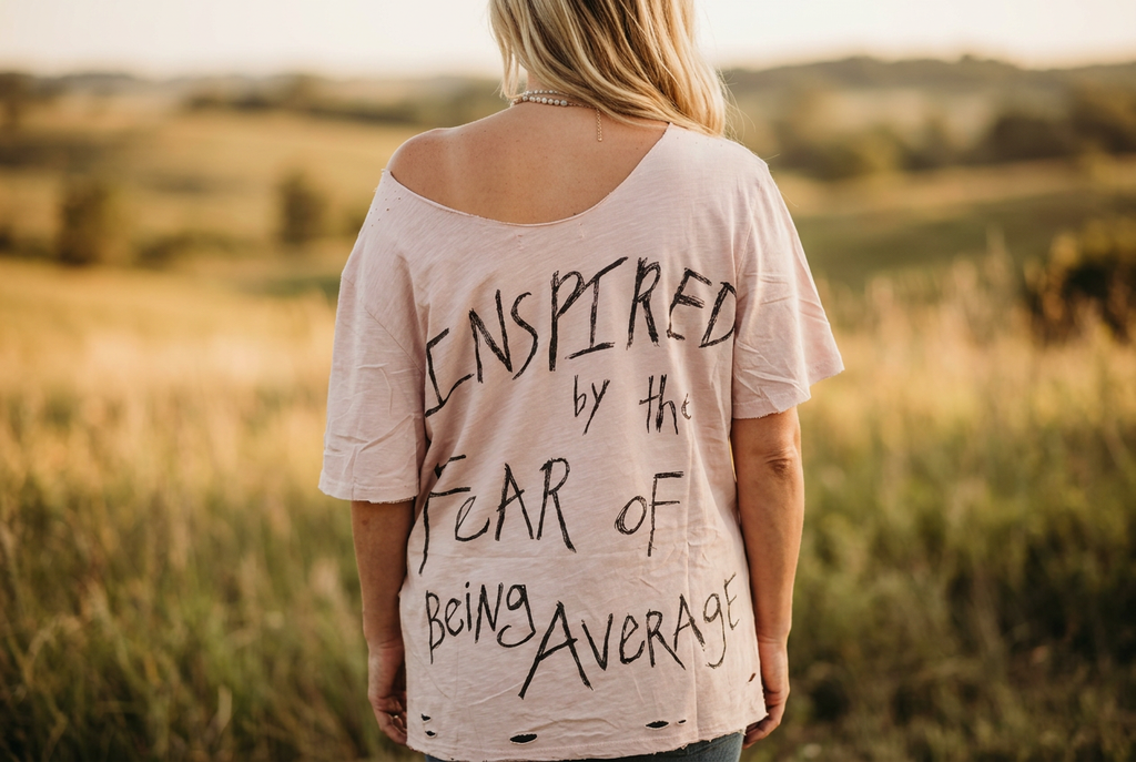 Back of a blush pink oversized tee with hand-lettered 'Inspired by the fear of being average' text outdoors