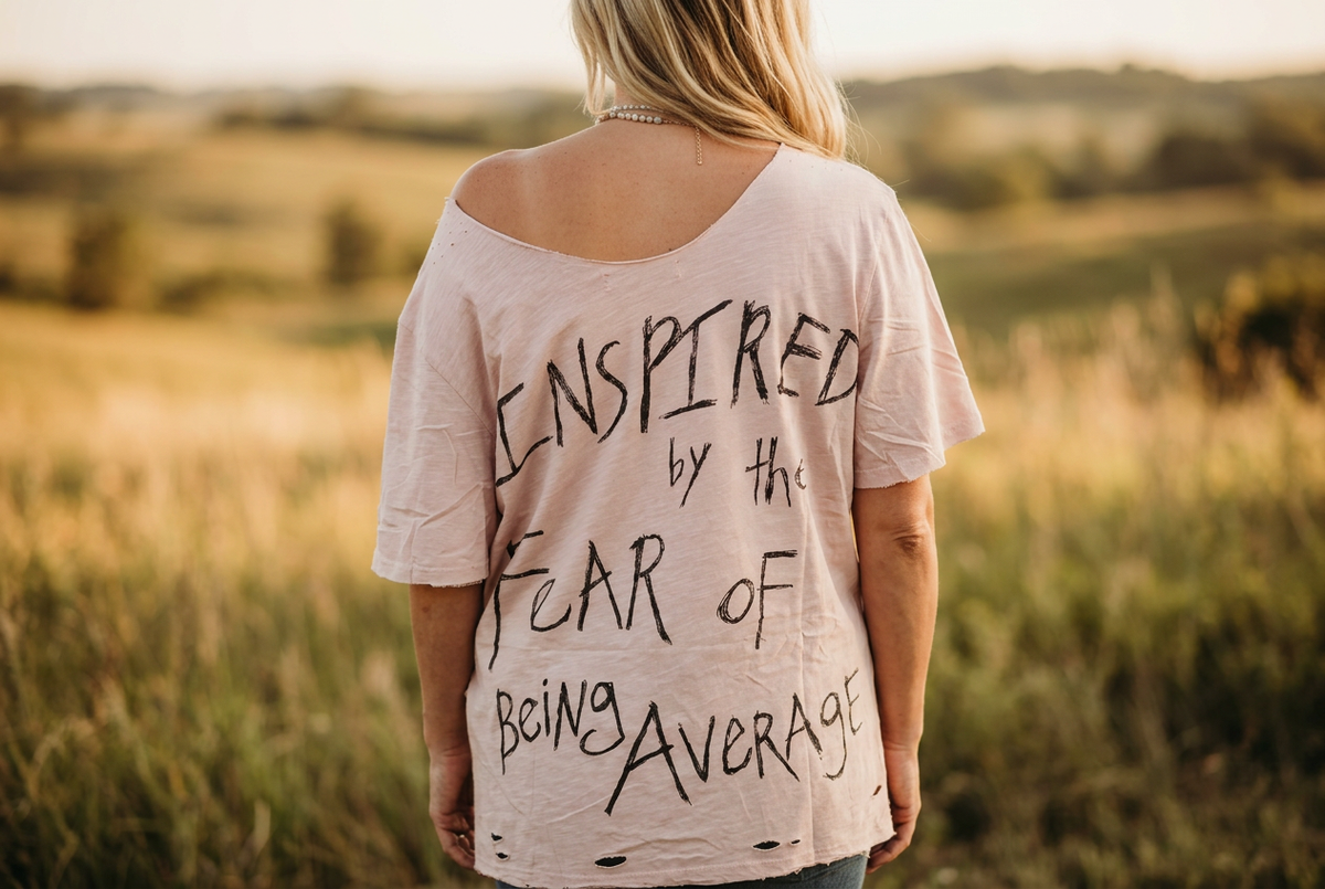 Back of a blush pink oversized tee with hand-lettered 'Inspired by the fear of being average' text outdoors