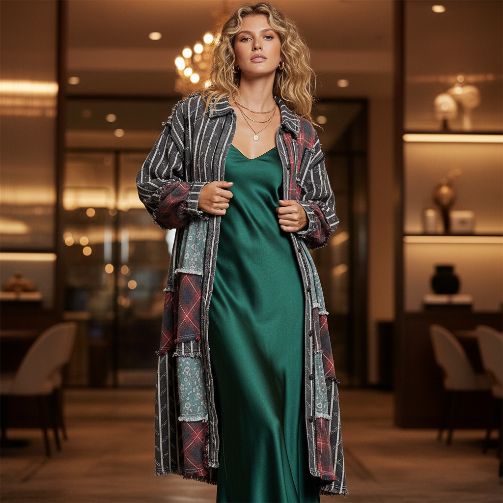 Women's patchwork twill duster jacket balloon sleeves black stripe evening date night outfit