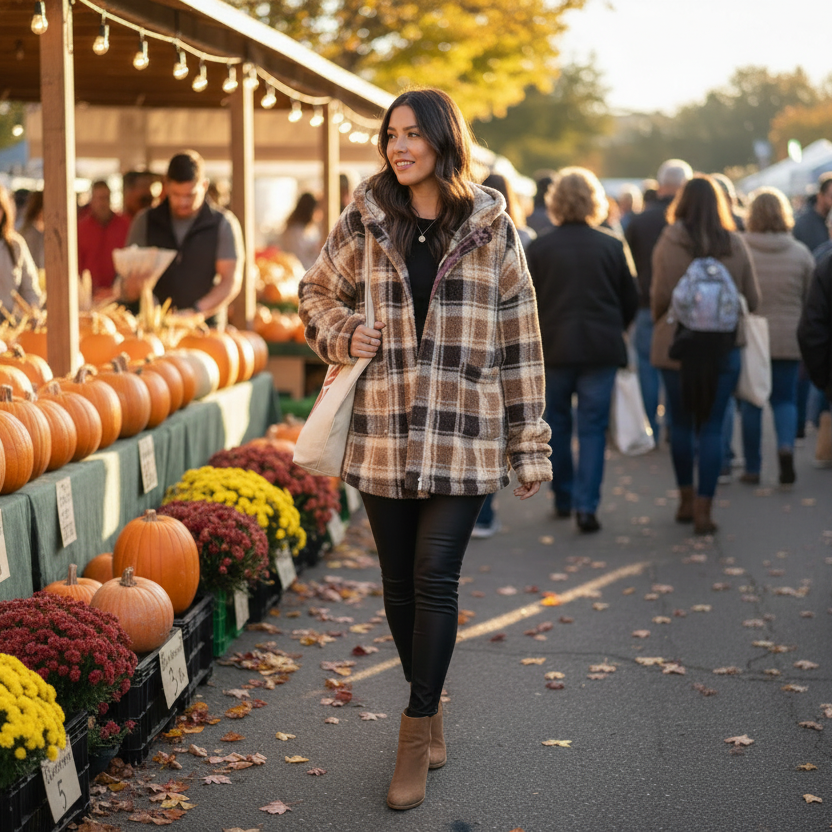 Women's brown plaid sherpa shacket with black leggings and tan boots casual fall weekend farmers market outfit