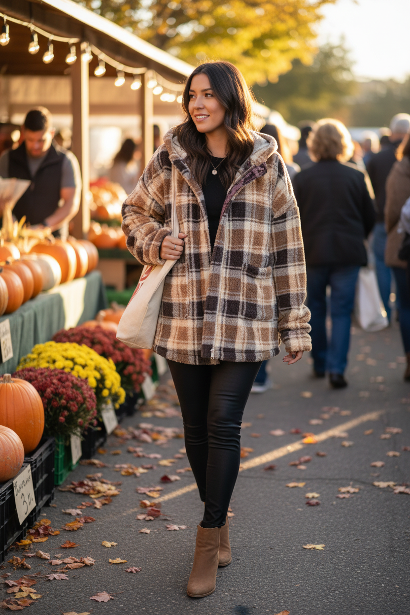 Women's brown plaid sherpa shacket with black leggings and tan boots casual fall weekend farmers market outfit
