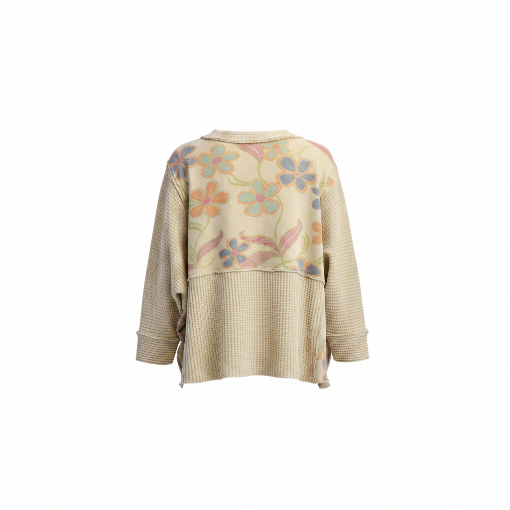 Easel women's sage floral panel top, ghost mannequin back view showing floral yoke and waffle knit body
