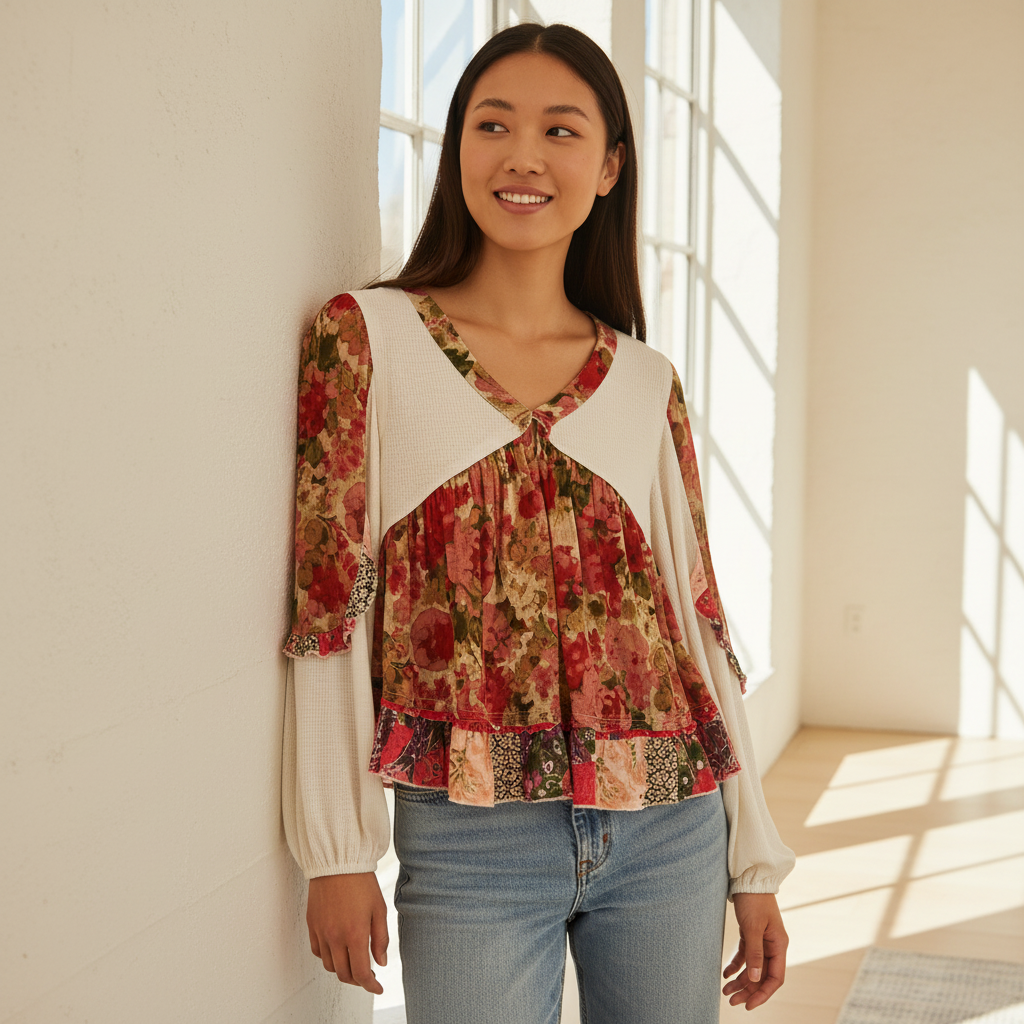Women's ivory mixed floral patchwork blouse, ribbed knit vest panel, ruffle trim hem, lightweight relaxed silhouette