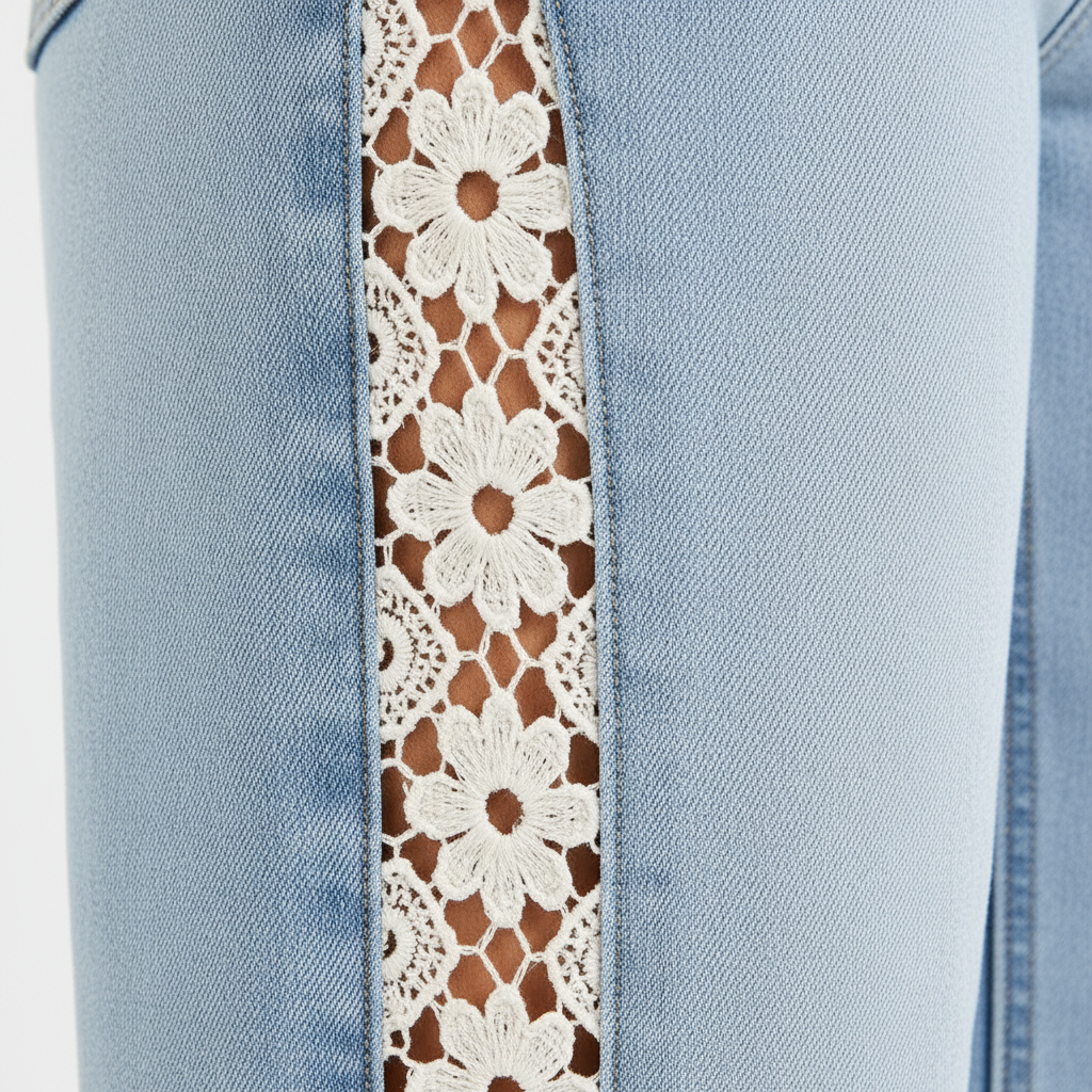 Close-up of flower lace side panel detail on women's light blue high rise crop wide leg jeans fabric texture