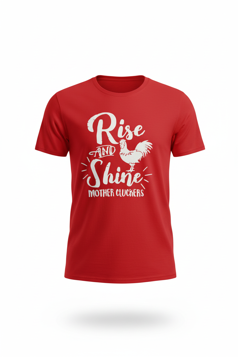 Rise and Shine Mother Cluckers graphic tee in red with white rooster design and hand-lettered typography, front view