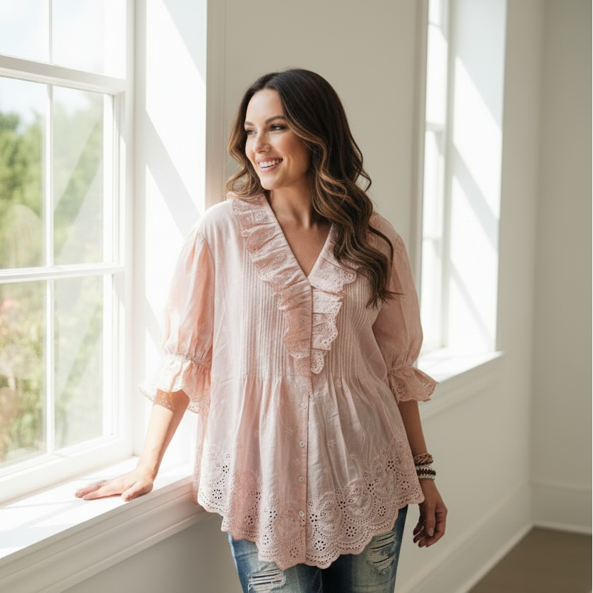Women's blush pink eyelet embroidery blouse, ruffle jabot, cotton, relaxed peplum, seated styling